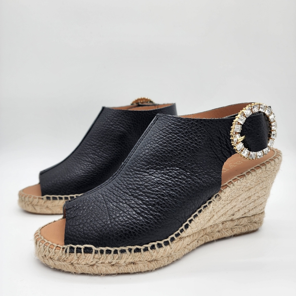 Maypol Spain Wedge Sandals Leather Black Rhinestone Buckle Size 39 or 9 - Picture 9 of 13
